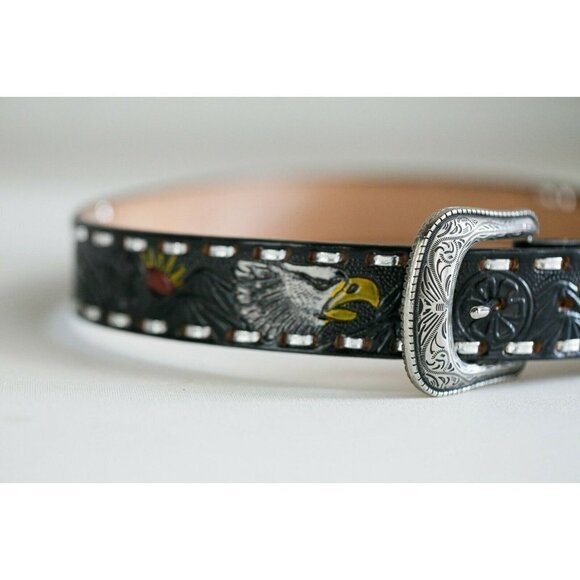 Hand Tooled Painted Bold Eagle Whipstitch Black Leather Belt - Picture 2 of 8